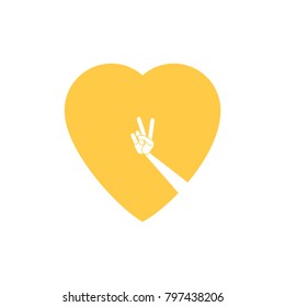 Peace sign hand gesture inside a yellow heart shape.