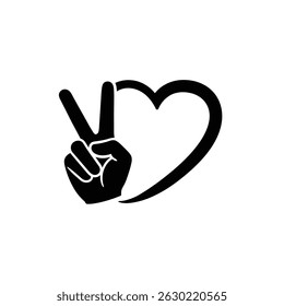 Peace sign hand gesture integrated with a heart shape in bold black and white design