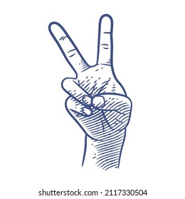 Peace sign hand gesture line art vector illustration. Hand showing two finger peace sign gesture