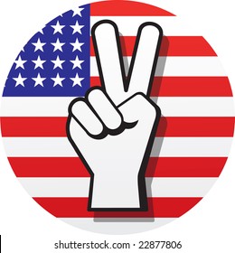 Peace sign hand gesture over American flag.