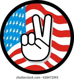 Peace sign hand gesture over American flag.