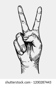 Peace sign. Hand gesture. Sketch illustration converted to vector