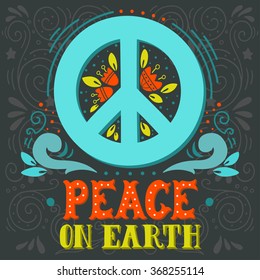 Peace sign with hand lettering, flowers and decoration elements. Anti-war symbol. This illustration can be used as a print on t-shirts and bags or as a poster.