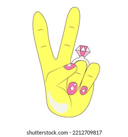 Peace Sign Hand mit lackierten, hellen Nägeln und Einsatzring mit Big Pink Diamond Temporary Tattoo Sticker oder Badge in Retro Groovy Style Bachelorette Party