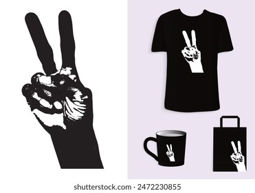 Peace Sign Hand - Two-Finger Hand Gesture Front View with Grunge Effect in Retro Style for T-Shirt, Tote Bag, and Cup Design. Merchandise and Print. Mock-up templates Included.