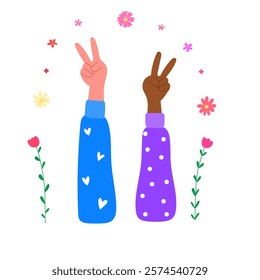 peace sign hands with flowers celebrating international women’s day flat vector illustration