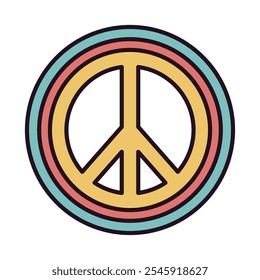 Peace sign icon. Cartoon retro 70s hippie peace sign, 60s peace circle sign symbol flat vector illustration. Retro hippie peace sign badge