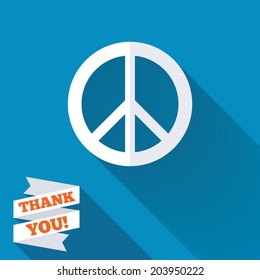 Peace sign icon. Hope symbol. Antiwar sign. White flat icon with long shadow. Paper ribbon label with Thank you text. Vector