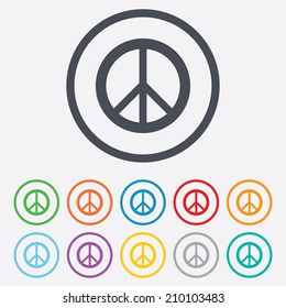 Peace sign icon. Hope symbol. Antiwar sign. Round circle buttons with frame. Vector