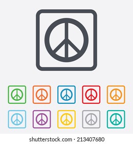 Peace sign icon. Hope symbol. Antiwar sign. Round squares buttons with frame. Vector