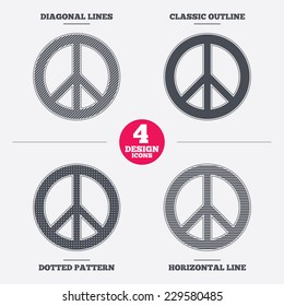 Peace sign icon. Hope symbol. Antiwar sign. Diagonal and horizontal lines, classic outline, dotted texture. Pattern design icons.  Vector