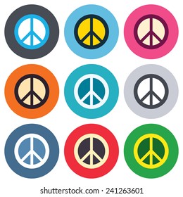 Peace sign icon. Hope symbol. Antiwar sign. Colored round buttons. Flat design circle icons set. Vector