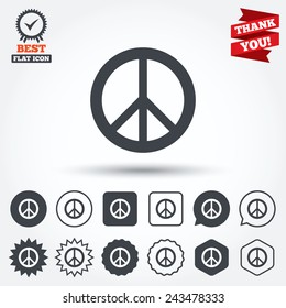 Peace sign icon. Hope symbol. Antiwar sign. Circle, star, speech bubble and square buttons. Award medal with check mark. Thank you ribbon. Vector