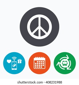 Peace sign icon. Hope symbol. Antiwar sign. Mobile payments, calendar and wifi icons. Bus shuttle.