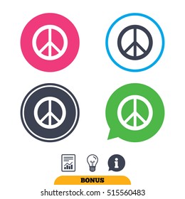 Peace sign icon. Hope symbol. Antiwar sign. Report document, information sign and light bulb icons. Vector