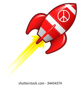 Peace sign icon on red retro rocket ship illustration