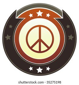 Peace sign icon on round red and brown imperial vector button with star accents suitable for use on website, in print and promotional materials, and for advertising.