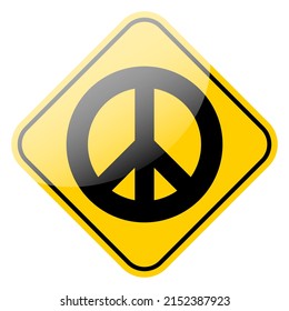 Peace sign icon on yellow street sign frame. Universal pacifist antiwar symbol isolated. Vector illustration.