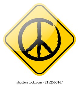 Peace sign icon on yellow street sign frame. Universal pacifist antiwar symbol isolated. Vector illustration.