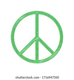 Peace sign illustration. Green scribble Icon with solid contour on white background. Illustration.