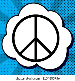 Peace sign illustration. Vector. Black icon in bubble on blue pop-art background with rays.