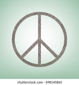 Peace sign illustration. Vector. Brown flax icon on green background with light spot at the center.