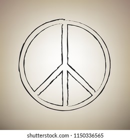 Peace sign illustration. Vector. Brush drawed black icon at light brown background.