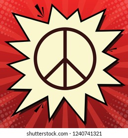 Peace sign illustration. Vector. Dark red icon in lemon chiffon shutter bubble at red popart background with rays.