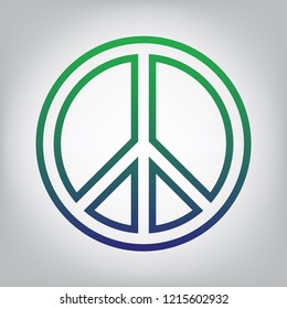 Peace sign illustration. Vector. Green to blue gradient contour icon at grayish background with light in center.