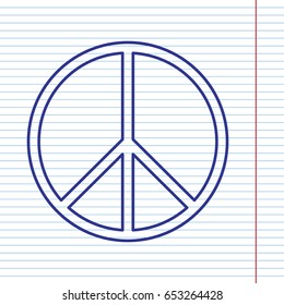 Peace sign illustration. Vector. Navy line icon on notebook paper as background with red line for field.