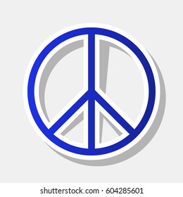 Peace sign illustration. Vector. New year bluish icon with outside stroke and gray shadow on light gray background.