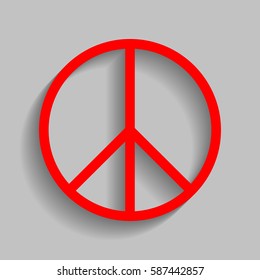 Peace sign illustration. Vector. Red icon with soft shadow on gray background.