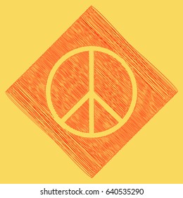 Peace sign illustration. Vector. Red scribble icon obtained as a result of subtraction rhomb and path. Royal yellow background.