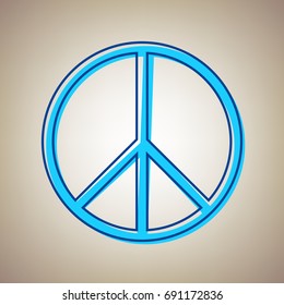 Peace sign illustration. Vector. Sky blue icon with blue contour on beige background.