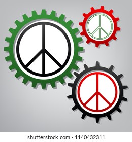 Peace sign illustration. Vector. Three connected gears with icons at grayish background.