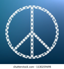 Peace sign illustration. Vector. White textured icon at lapis lazuli gradient background.