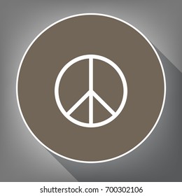 Peace sign illustration. Vector. White icon on brown circle with white contour and long shadow at gray background. Like top view on postament.