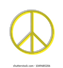 Peace sign illustration. Vector. Yellow icon with square pattern duplicate at white background. Isolated.