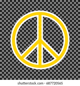 Peace sign illustration. Vector. Yellow icon with white contour on dark transparent background.