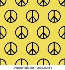 Peace sign. International symbol of peace, disarmament, anti-war movement. Pacifism, hippie sign. Seamless pattern. Vector illustration on yellow background