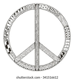 Peace sign isolated on white background. Zentangle stylized. Vector illustration. Freehand pencil. Hand drawn. Pattern.