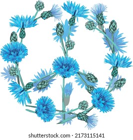 A peace sign laid out of cornflowers. Vector illustration. Isolated on a white background.