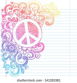 Peace Sign and Love Psychedelic Back to School Sketchy Notebook Doodles- Illustration Design on Lined Sketchbook Paper Background