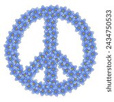 Peace sign made of 111 forget-me-not flowers. Made of 111 randomly arranged blue blossoms, a symbol originally designed for the nuclear disarmament movement, later adopted by the anti-war movement.