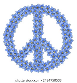 Peace sign made of 111 forget-me-not flowers. Made of 111 randomly arranged blue blossoms, a symbol originally designed for the nuclear disarmament movement, later adopted by the anti-war movement.