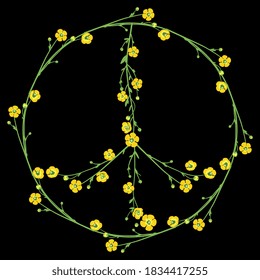 Peace sign made of blooming buttercup or ranunculus branches. Hippie symbol for flower power.