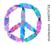 Peace sign made of colored bird feathers. Hippie symbol. Sixties Boho Style. Tribal Native American Indians Motifs. Design for T-shirt. Vector illustration.