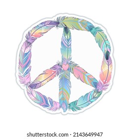 Peace sign made of colored bird feathers. Hippie symbol. Sixties Boho Style. Tribal Native American Indians Motifs. Design for T-shirt. Vector illustration.