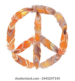 Peace sign made of colored bird feathers. Hippie symbol. Sixties Boho Style. Tribal Native American Indians Motifs. Vector illustration.