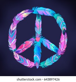 Peace sign made of colored bird feathers. Hippie symbol. Sixties Boho Style. Tribal Native American Indians Motifs. Design for T-shirt. Vector illustration isolated on dark blue.